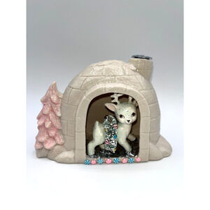 Vintage Ceramic Igloo Diorama Pastel Blue Reindeer With Wreath Pink Tree OOAK
